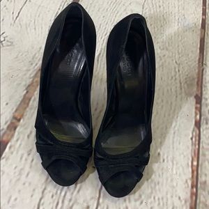 Black Suede Gucci Heels with Silver Teardrop Heel